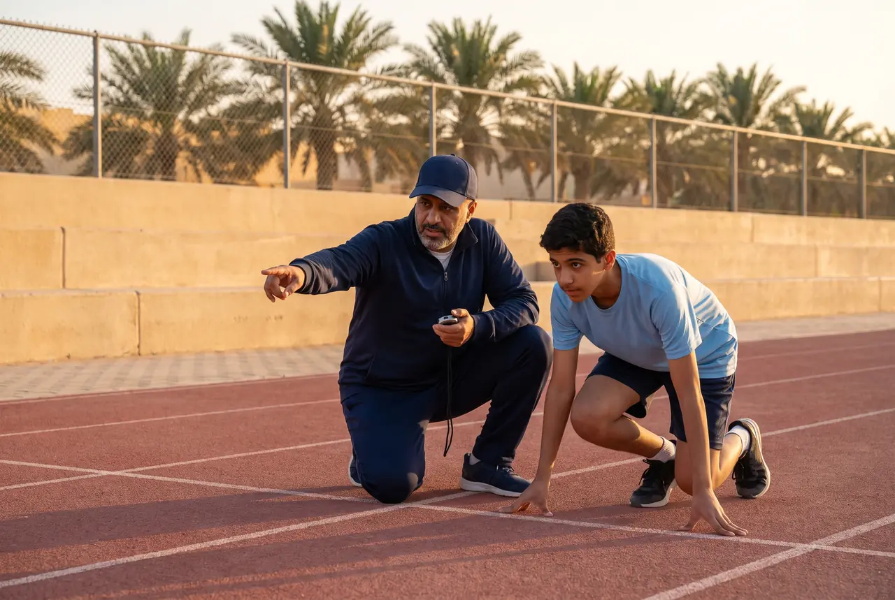 A coach instructing a young athlete